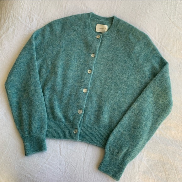 NWT Doen Petra Alpaca Merino Wool Crew Neck Button Cardigan Sweater Bleu Menthe - Picture 7 of 13